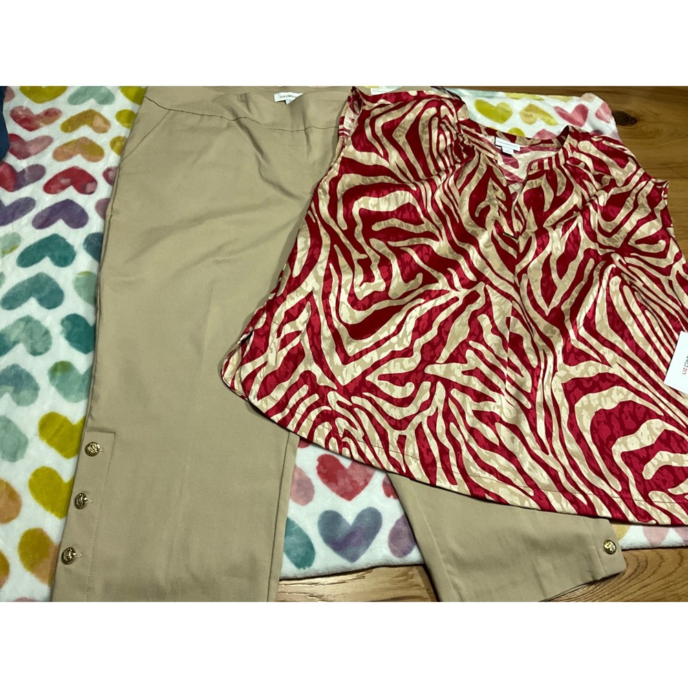 BUNDLE 2PC Liz Clairbon tan Cropped size 18‎ & Blouse Liz Clair one Red Zebra 0x